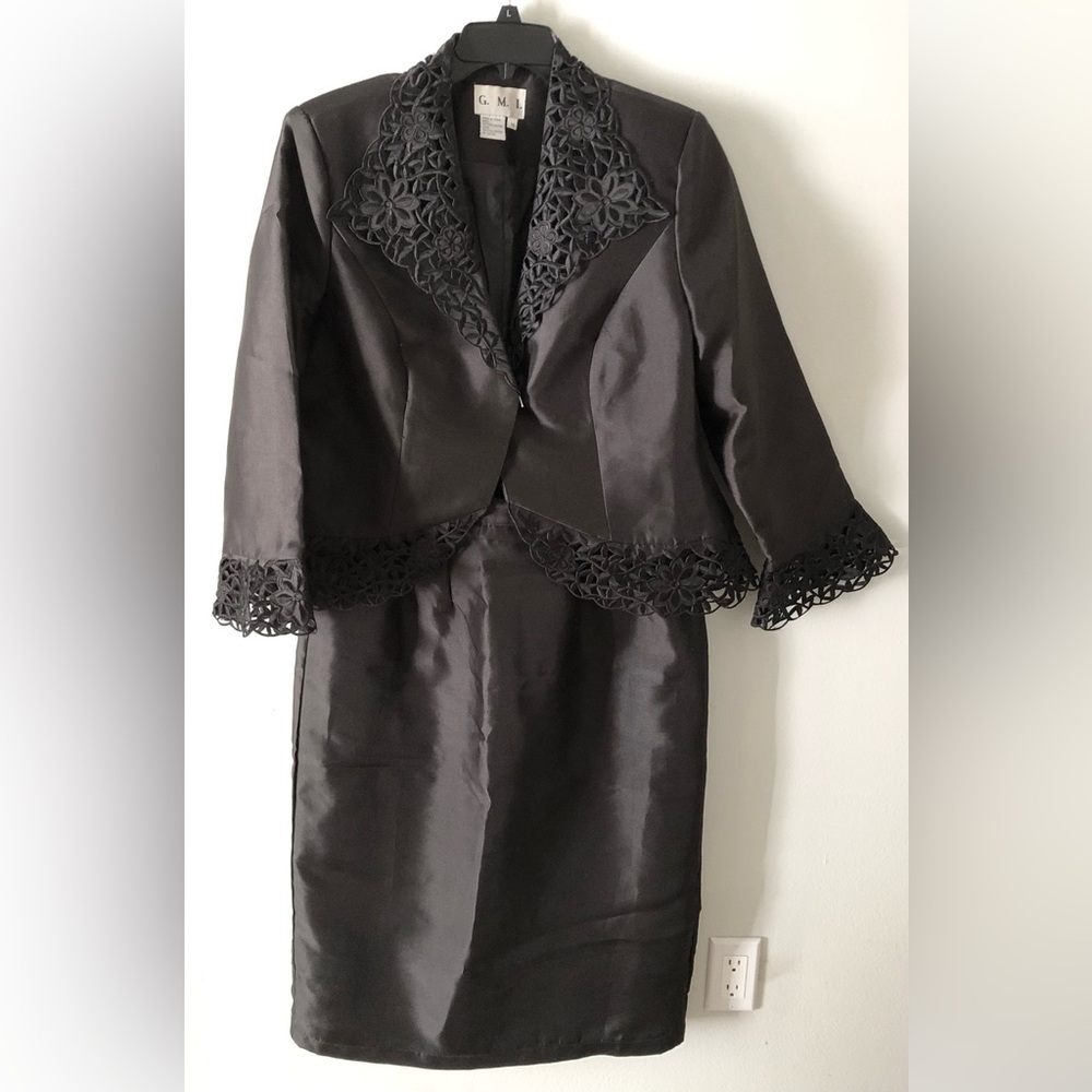 Church Suit Taffeta Crochet Lace Jacket and Pencil Skirt Set Wedding Guest